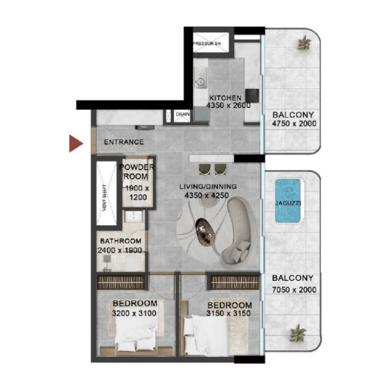 2 Bedrooms floor plan