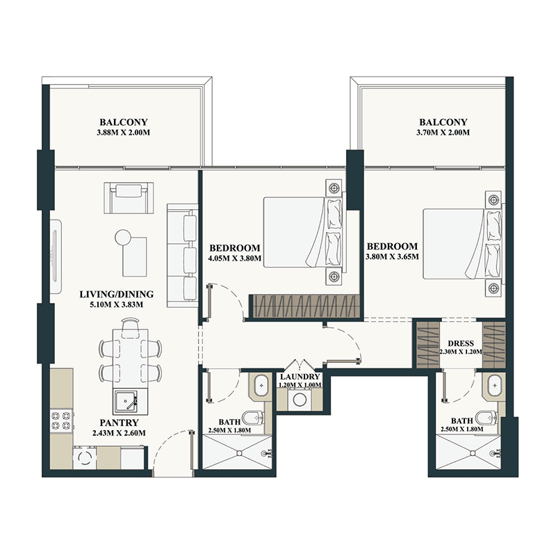 2 Bedrooms floor plan