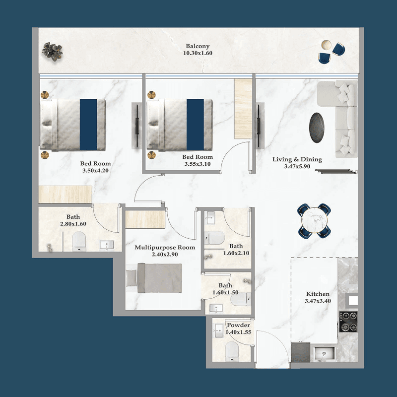 2 Bedrooms floor plan