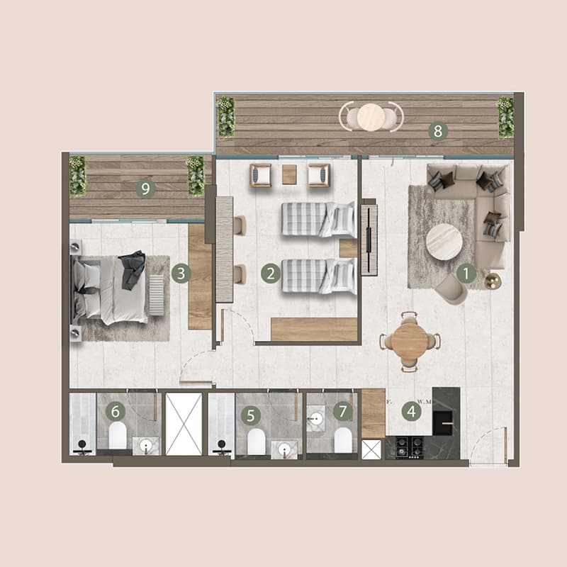 2 Bedrooms floor plan