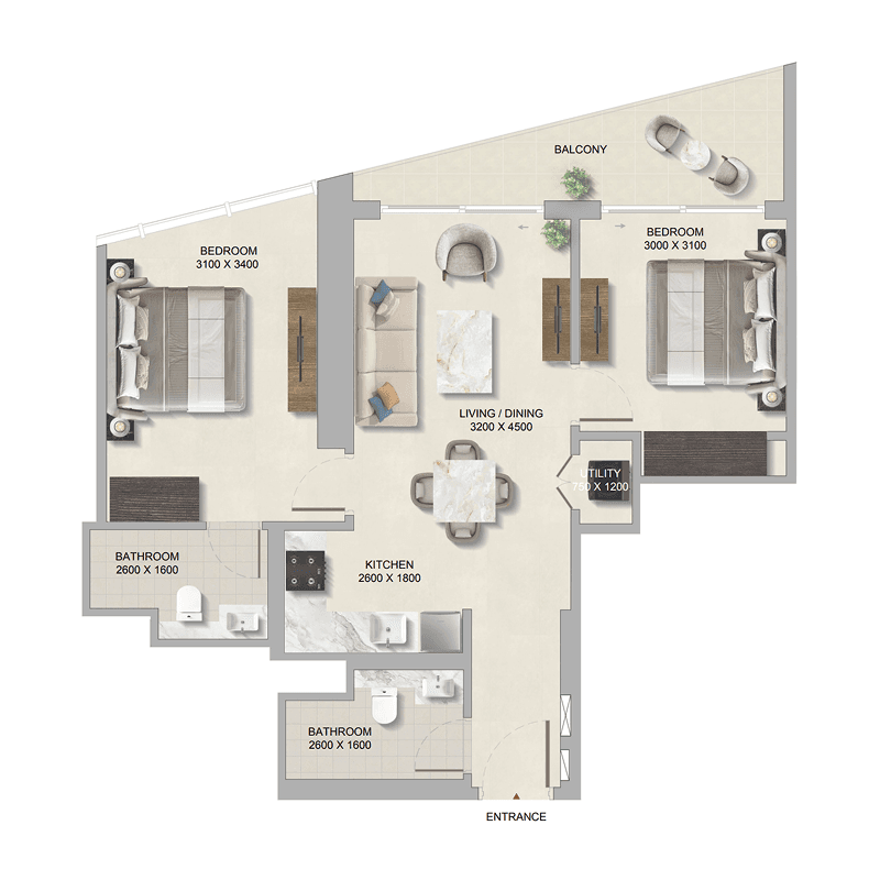 2 Bedrooms floor plan
