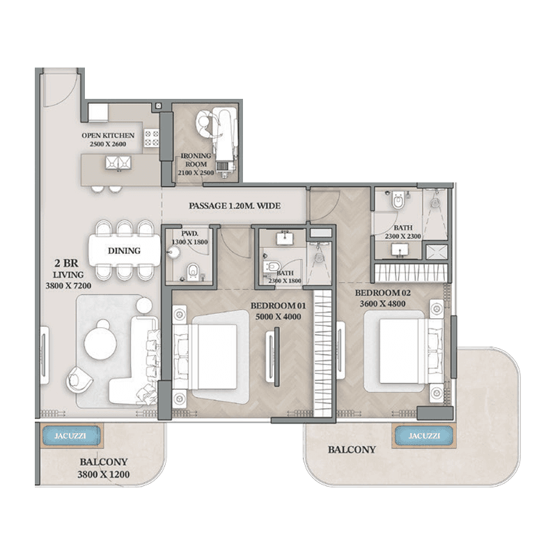 2 Bedrooms floor plan