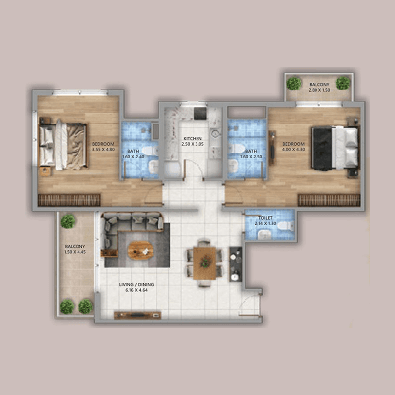 2 Bedrooms floor plan