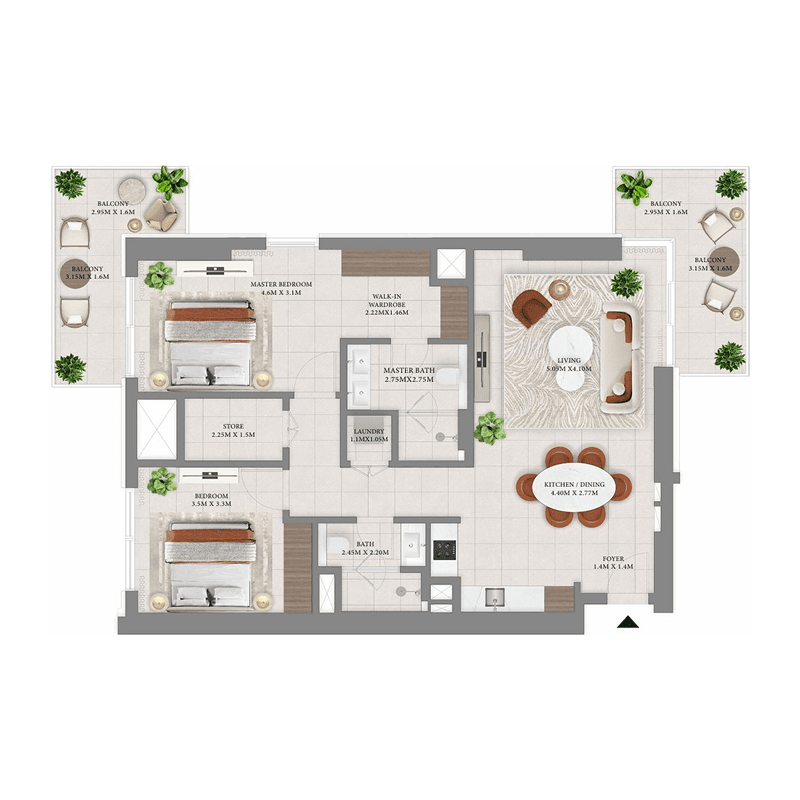 2 Bedrooms floor plan