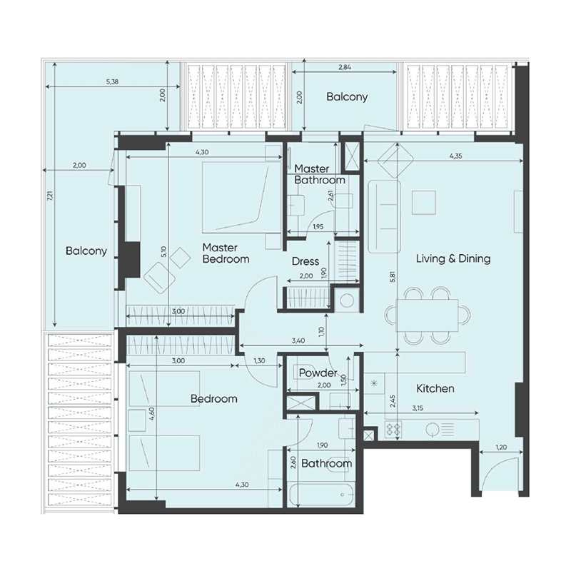 2 Bedrooms floor plan