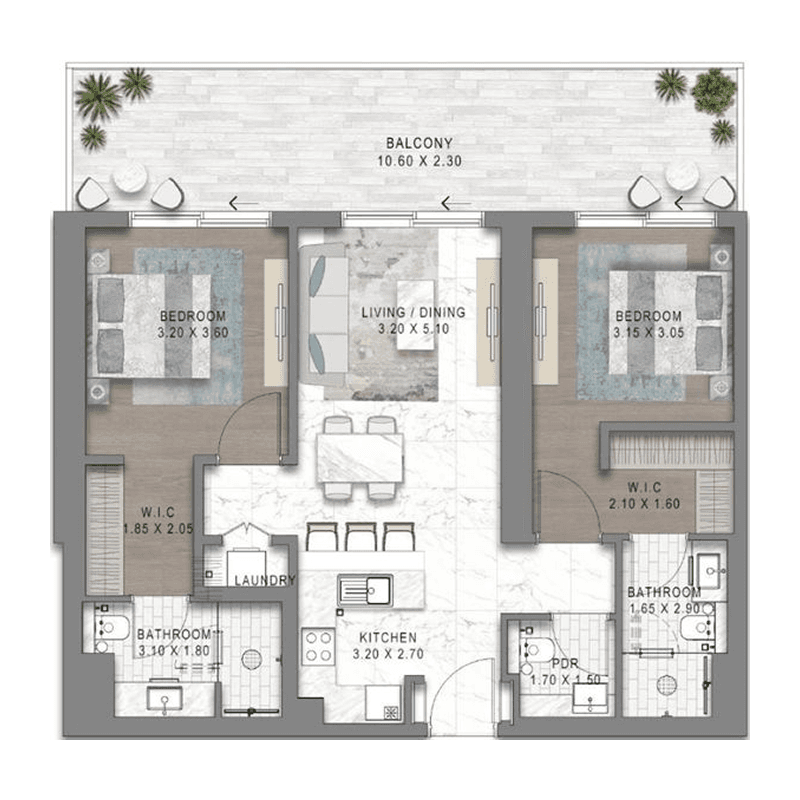 2 Bedrooms floor plan