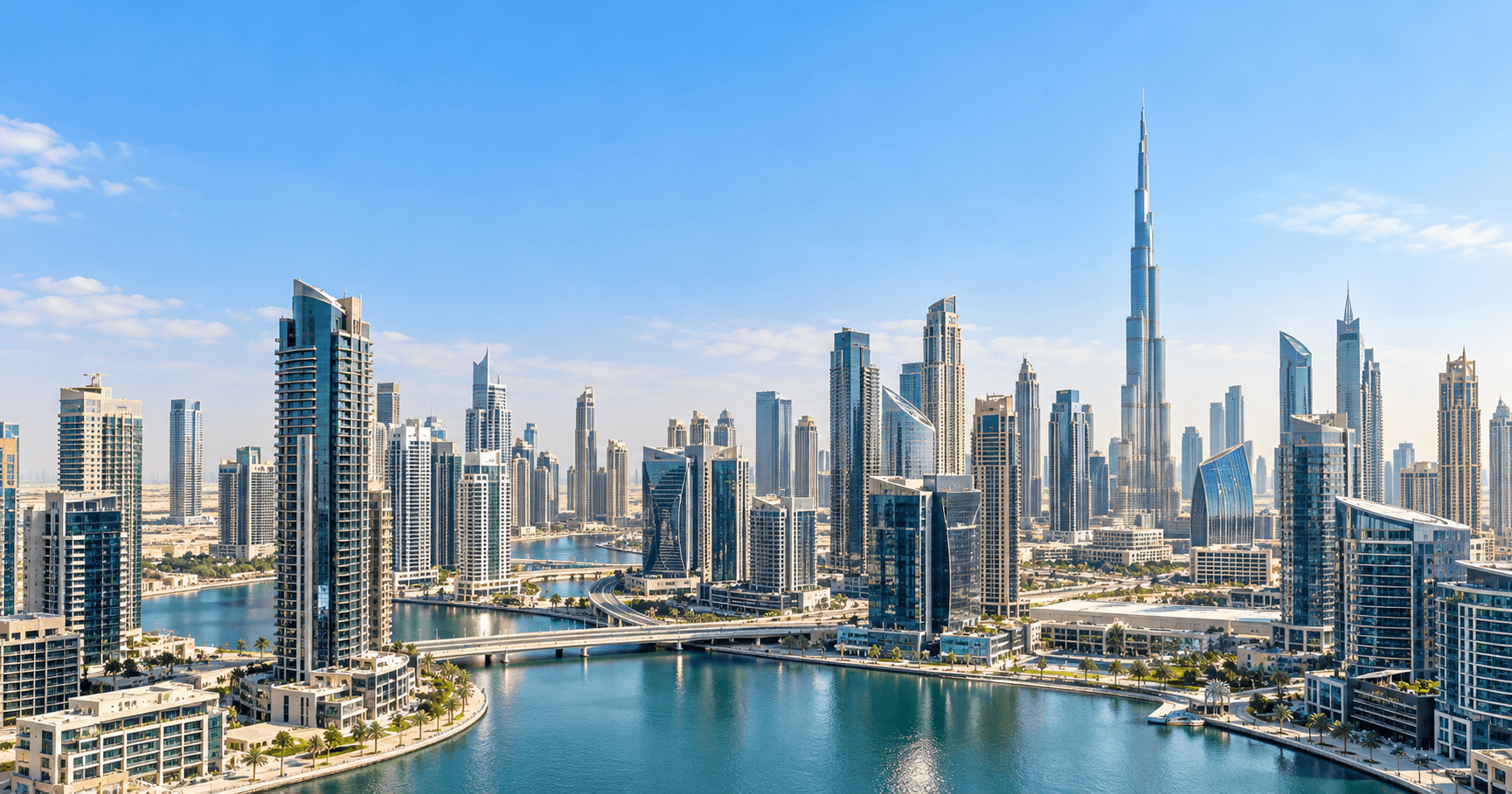 Dubai skyline with Business Bay towers in daylight