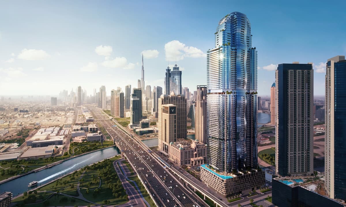 Cluster of Dubai apartment towers in daylight