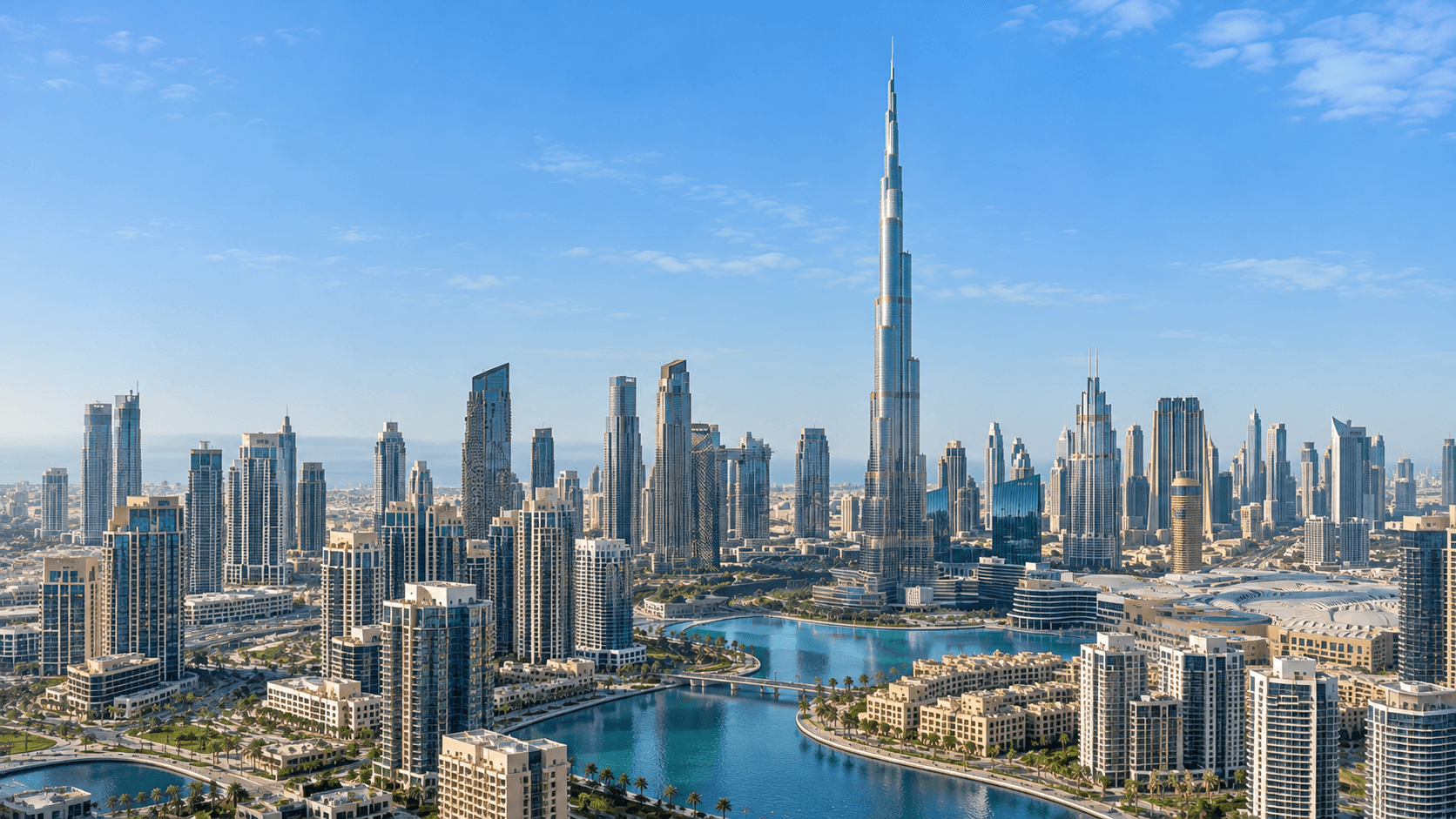 Wide view of the Dubai skyline in daylight