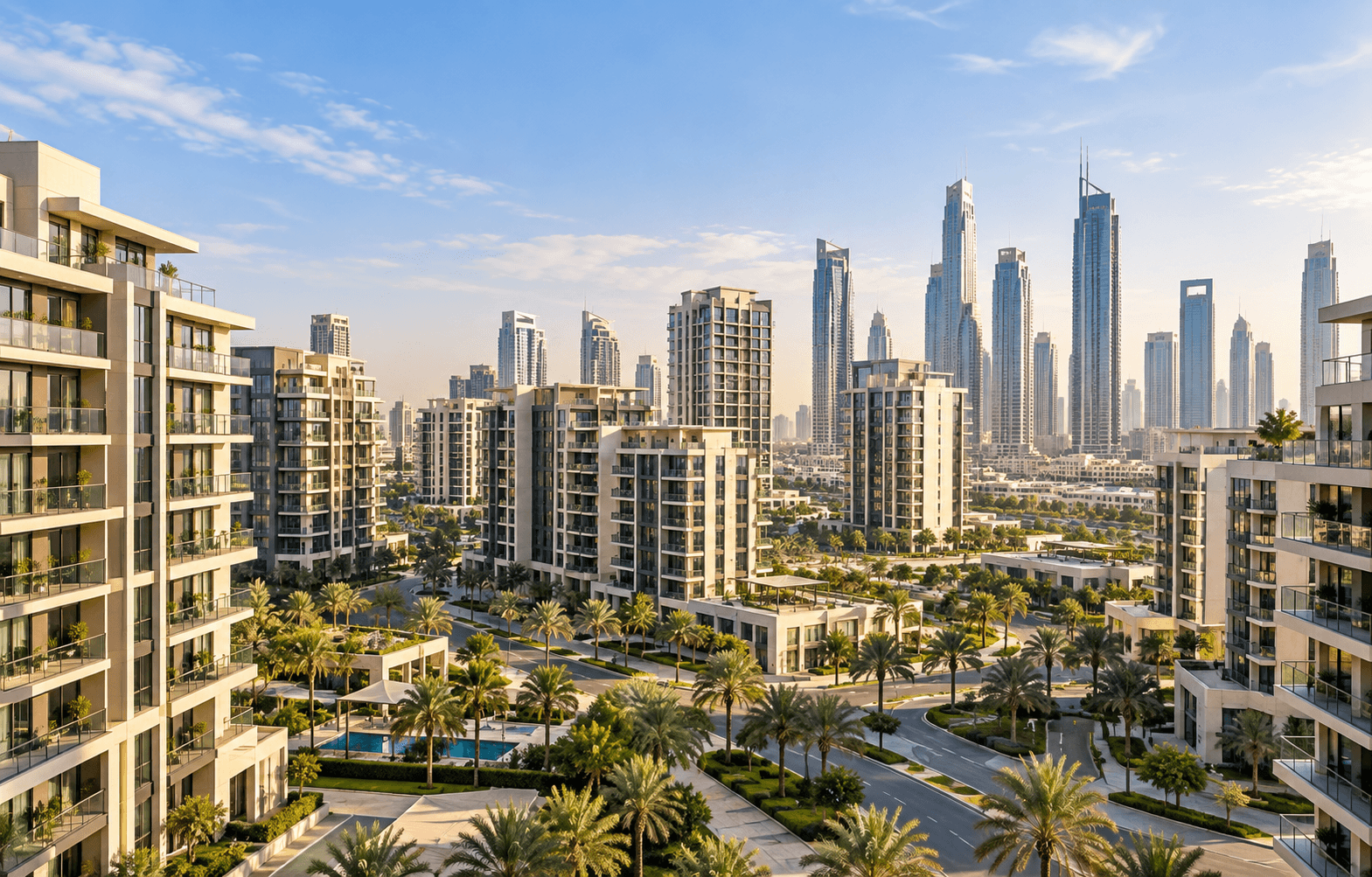Mid-rise apartment towers in a Dubai residential community